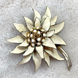 Vintage HAR White Enamel Flower Brooch Rhinestone Mid Century Signed Pin